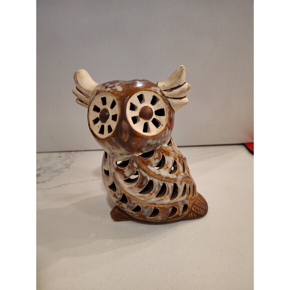 Owl Ceramic Gray & Brown Glazed Incense Tea Light Candle Holder 5 1/2" - Picture 8 of 10